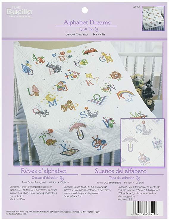 Bucilla Stamped Cross Stitch Baby Quilt Top, 34 by 43-Inch, 43241 Alphabet Dreams