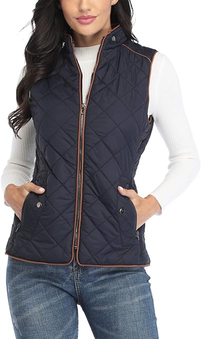 Dilgul Women Padded Vest Stand Collar Zip Up Trendy Puffer Lightweight Quilted Vest