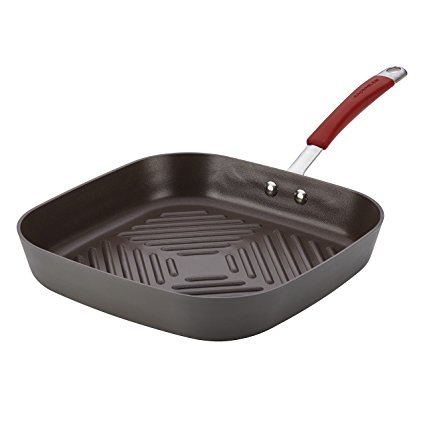 Rachael Ray Cucina Hard-Anodized Nonstick 11-Inch Deep Square Grill Pan, Gray with Cranberry Red Handle