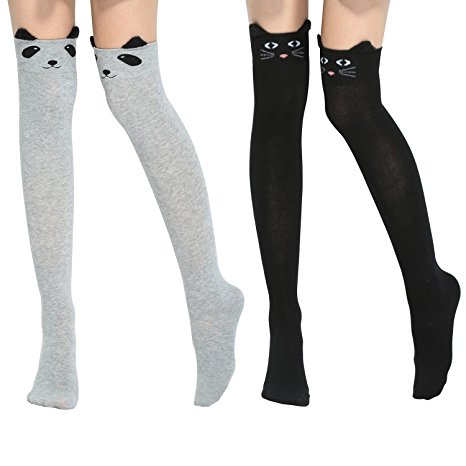 Sanwood Womens Girls Cute Animal Two Stripes Knee Thigh High Socks Stockings