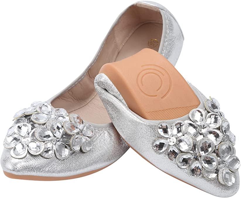 KUNWFNIX Women Ballet Flats Rhinestone Wedding Ballerina Shoes Foldable Sparkly Comfort Slip on Flat Shoes