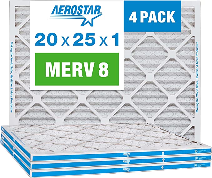 Aerostar 20x25x1 MERV 8 Pleated Air Filter, AC Furnace Air Filter, 4 Pack (Actual Size: 19 3/4"x24 3/4"x3/4")