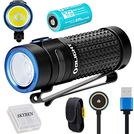 Olight S1R II 1000 Lumens High Performance CW LED Single IMR16340 Powered Upgraded Magnetic USB Rechargeable Side-switch EDC Flashlight with Battery,SKYBEN Holster and Battery Case