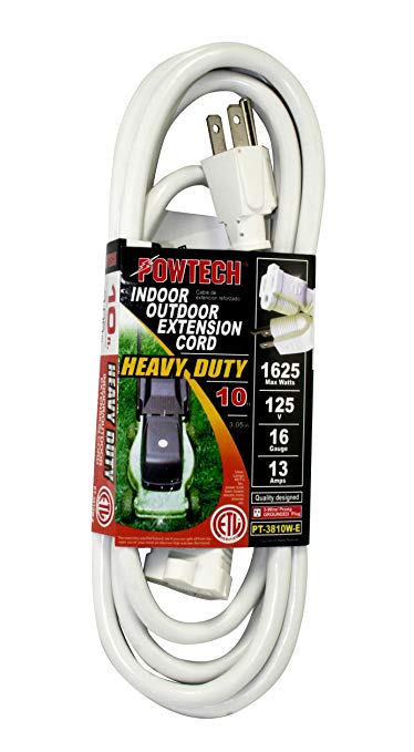 POWTECH Heavy duty Outdoor/ Indoor 3 Wire Grounded SJTW 16/3, 1625 WATTTS, 13 AMPS Extension Cord, ETL VERIFIED, White, 10 Feet