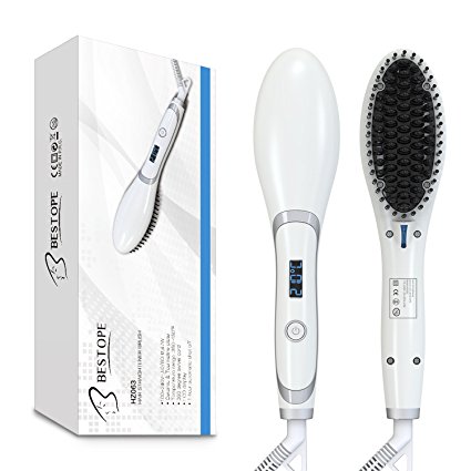 BESTOPE Hair Straightener Brush Hair Straightening Anion Ceramic Heating with Anti-Scald Straightener Brush for Silky Straighten Hair (6 Temp Levels, Max 430°F)