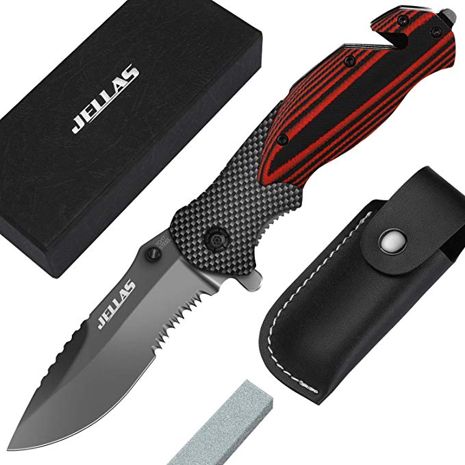 Jellas 7Cr17(440A) 4 in 1 Pocket Folding Knife with Leather Sheath and Sharpener, Outdoor Knife with Serrated Blade, Idea Gift for Camping, Hunting, Survival and EDC