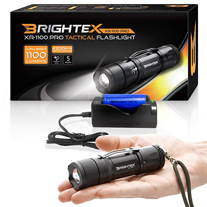 Brightex XR-1100 Pro Kit REAL Lab Tested 1100 Lumens Super Bright Small Tactical Flashlight US Made LED, Water Resistant, 5 Light Modes, Zoom, Belt Clip, Fast Charger, 2200mAh 18650 Protected Battery