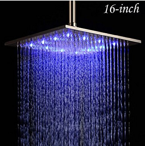 16 Inches Brushed Nickel Brass Rain Shower Head LED Colors Top Sprayer