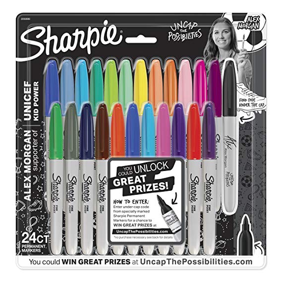 Sharpie Permanent Markers, Fine Point, Alex Morgan Special Edition, Assorted Electro Pop Colors, 24 Count