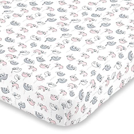 NoJo Super Soft Pink, Grey & White Sloth Fitted Crib Sheet, Pink, Grey, White