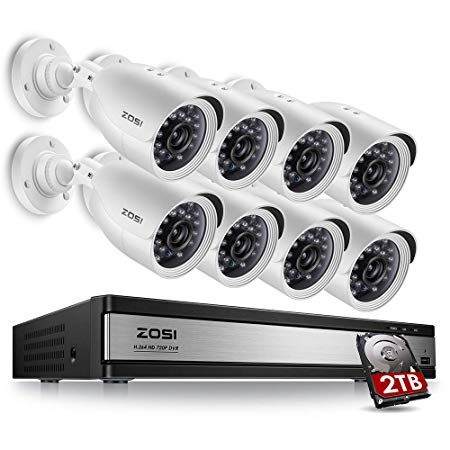 ZOSI 720p 16 Channel HD Security Camera System,16 Channel Hybrid DVR with (8) 720p(1280TVL) Weatherproof Indoor/Outdoor Surveillance Bullet Camera CCTV (2TB HDD Included)