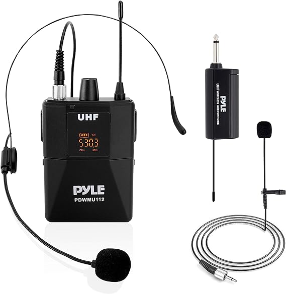 Pyle UHF Wireless Microphone System Kit - Portable Professional Cordless Microphone Set Wireless Mic Kit w/Headset Mic, Lavalier Mic, Beltpack Transmitter, Receiver - Karaoke & Conference PDWMU112