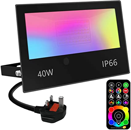 Jayool LED Floodlight Outdoor 40W 4000LM, Flood Lights Colour Changing, 120 RGB Colours- Warm White-Timing-Remote Control - 5 Modes, IP66 Waterproof, UK 3-Plug (1 Pack)