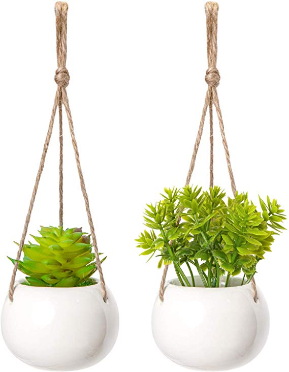 Mkono Mini Plant Car Hanging 2 Pcs Handmade Rear View Mirrior Car Charm Jute Hanging Planter with Ceramic Pot and Faux Succulent Plant for Car Home Decorations Christmas Gift, Approximate 8 inch