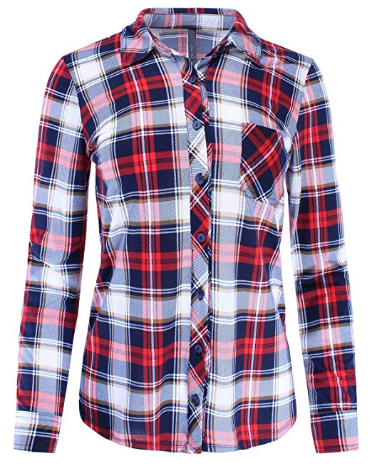 Ladies' Code Women's Knit Plaid Button Down Shirt Roll Up Sleeve