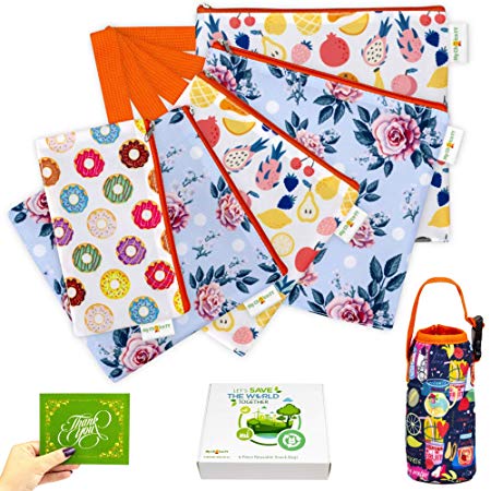 Reusable Snack Bags and Sandwich Bags For Kids - Eco Friendly Zipper Bag Washable Dishwasher Waterproof - Safe Food Set BPA Cloth Baggies Non Toxic Lunch Adults - 5 Pack Bundle Bottle Water Holder