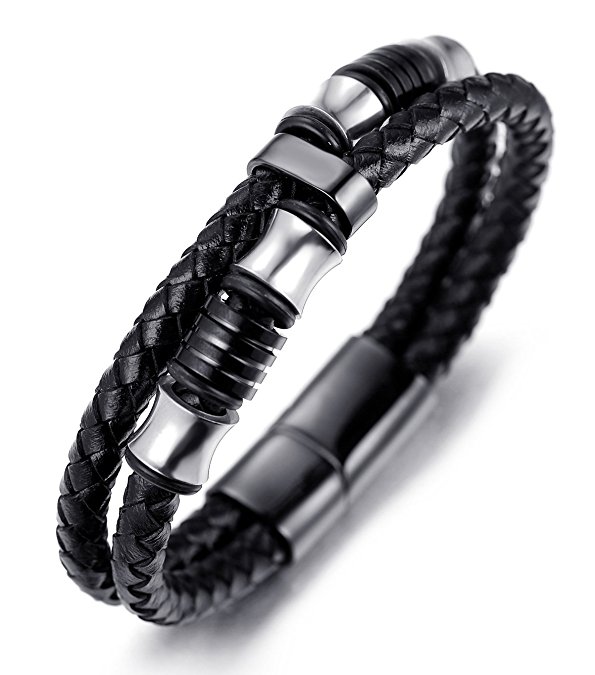 Halukakah "SHADOW" Men's Genuine Leather Bracelet with Titanium Beads Gun Black & Silver 8.46"(21.5cm) with FREE Giftbox