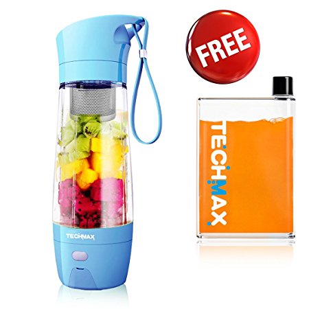 TECHMAX USB Juicer Cup Blender, Fruit Mixing Machine, Portable Personal Size Rechargeable Mixer, 3800mAh, 400ml, USB Charger with 5A Kettle, Outdoor Active -Blue