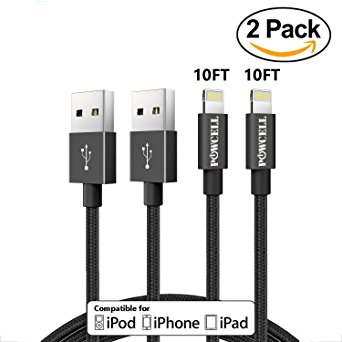 Value Pack of 2 POWCELL Extra Long iPhone Charger Nylon Braided Charging Cables USB Charger Cord Compatible Apple iPhone X iPhone 8/8Plus 7/7 Plus/6s/6s Plus/6/6 Plus/5/5S/5C/SE/iPad Pro (Black 10 FT)