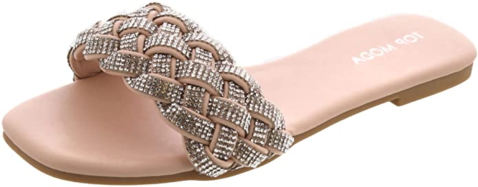 Women's Braided Rhinestone Slide Sandals Flat Slip On