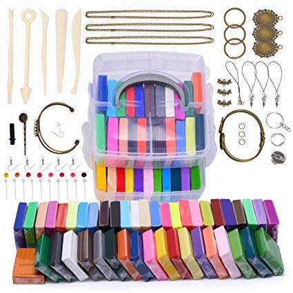 Magicfly Polymer Clay Starter Kit, 45 Colors Oven Bake Clay with 5 Modeling Tools and 40 Jewelry Accessories, Safe and Nontoxic DIY Baking Clay Blocks