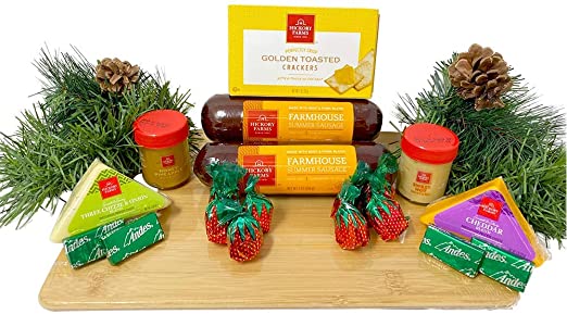 Hickory Farms Gift Basket and Bamboo Cutting Board Gift Set - Gourmet Christmas Edition with Beef and Pork Summer Sausage, Cheese, Crackers, and EXCLUSIVE Andes Mints
