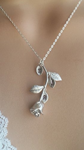Beauty and The Beast Rhodium Plated Rose Flower Necklace Hand Stamped Leaves