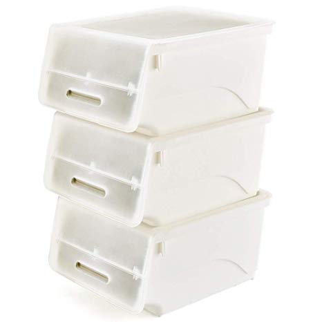 Stackable Storage Bins with Lids, [3-Pack] EZOWare Plastic Stackable Storage Cubes Bin Box Containers for Home, Office, Classroom, Nursery, Closet, Bedroom, Living Room, Bathroom - White/Clear