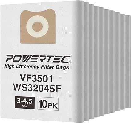 POWERTEC 75017-P2V 10PK, VF3501 Filter Bags for Ridgid/Workshop WS32045F 3-4.5 Gal Wet Dry Vacuum