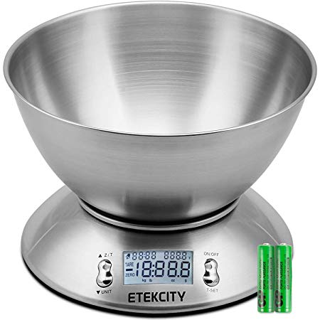 Etekcity Digital Food Kitchen Scale with Timer Clock,Temperature Sensor, Stainless Steel, 11lb (5kg),Silver