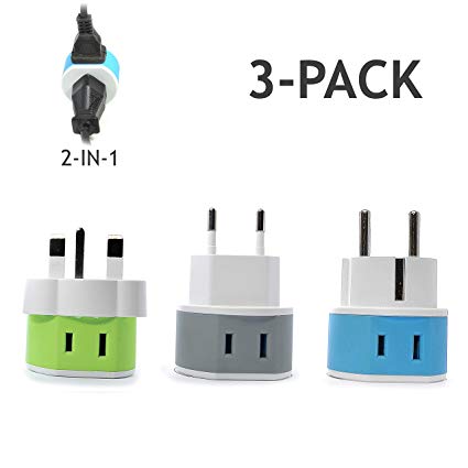 Full European Travel Adapter Set by OREI - Dual Input American to Europe, Germany, England, Spain, Italy, Iceland, France, (Type G, E/F, Type C) - 3 Pack, Safe Grounded Use for Cell Phones, Laptops