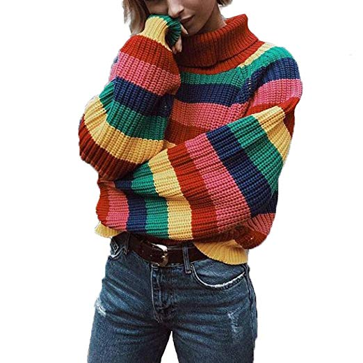 Cimeiee Womens Long Sleeve Striped Rainbow Striped Top Turtleneck Knitted Sweater Jumper Shirt
