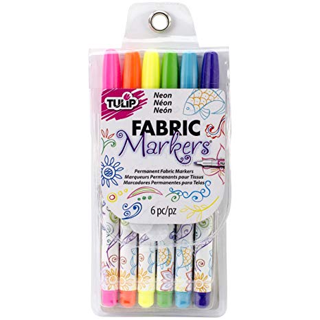 Tulip Permanent Nontoxic Fabric Markers Neon 6 Pack - Large Bullet Tip, Child Safe, Minimal Bleed & Fast Drying - Premium Quality for T-shirts, Clothes, Shoes, Bags & Other Fabric Materials