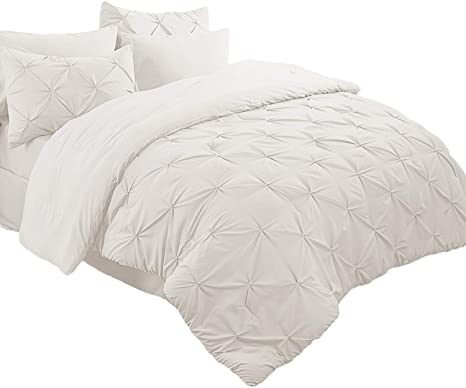 Bedsure 6 Pieces Pinch Pleat Down Alternative Comforter Set Twin Size (68X88 inches) Solid Off-White Bed in A Bag (Comforter, 1 Pillow Sham, Flat Sheet, Fitted Sheet, Bed Skirt, 1 Pillowcase)