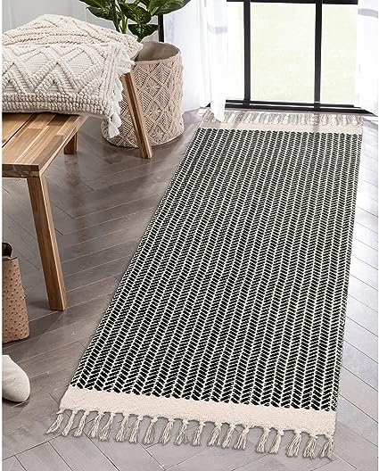 Lahome Boho Rugs for Entryway, 2x5 Laundry Room Rug Lightweigh Cotton Washable Runner Rug with Tassels, Farmhouse Black Bath Door Mats Indoor Non-Shedding Rug Runners for Hallways Bedroom Gifts