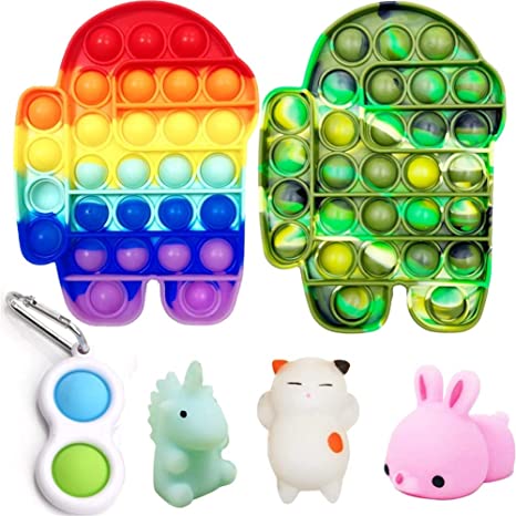 Among in Us Push POP Bubble Sensory Fidget Toys Set, Push Bubbles Pop Pop It, Stress Anxiety Relief Squeeze Silicone Toys for Kids Adults Autism ADHD Special Needs, Rainbow 6PCS