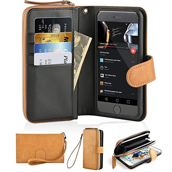 iPhone 7 Plus Zipper Wallet Case, iPhone 8 Plus Wallet Case, JLFCH Leather Wrist Strap Zipper Wallet Flip Magnetic Closure Protective Case For iPhone 7 Plus/iPhone 8 Plus, 5.5 inch,Brown