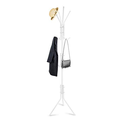 Clewiltess Standing Entryway Coat Rack Coat Tree Hat Hanger Holder 12 Hooks Jacket Umbrella Tree Stand Base Metal (White)