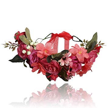 Flower Halo Crown Floral Headpiece - AWAYTR Bohemia Flower Headband Hair Wreath Garland for Women (red-1)