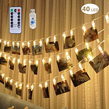 [Remote & Timer] 40 LED Photo Clip String Lights - Adecorty USB Powered Photo Clips Lights with 8 Modes, Twinkle Fairy String Lights, Christmas Gifts for Teen Girls Dorm Bedroom Decor,Warm White