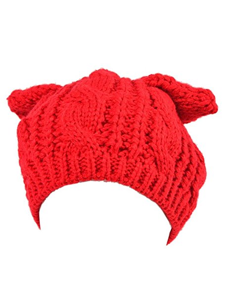Persun Women's Beige Cute Cat Ears Thick Cable Knit Beanie Hat