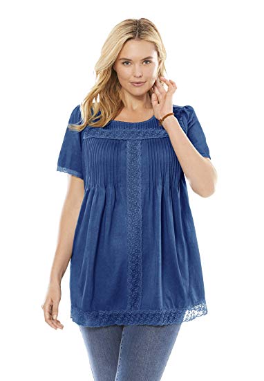 Woman Within Women's Plus Size Lace Trim Pintucked Tunic