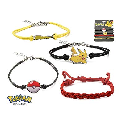 Pokemon Pikachu Lighting Bolt Poke Ball Red Woven Leather Bracelet Set