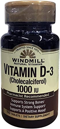 Windmill Natural Vitamins Vitamin D-3 Cholecalciferol 1000IU Dietary Supplements 100 Tablets