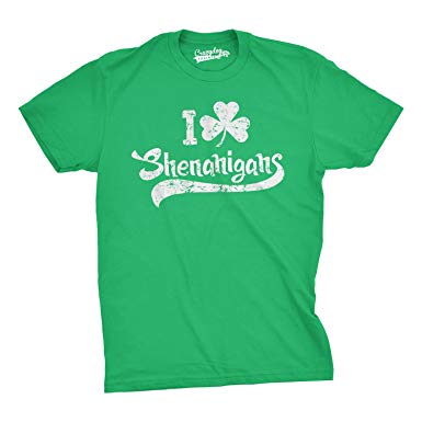 Mens I Clover Shenanigans T Shirt Funny Irish Shamrock Tee