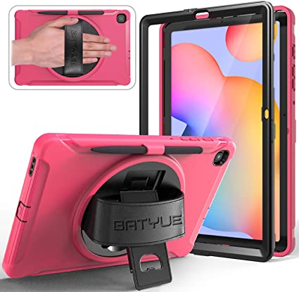 BATYUE Case for Samsung Galaxy Tab S6 Lite 10.4 2020 (SM-P610/SM-P615) with Screen Protector/Pencil Holder, [Full-Body] 3 Layer Hybrid Drop Protection Case w/ 360° Rotating Stand/Hand Strap (Rose Red)