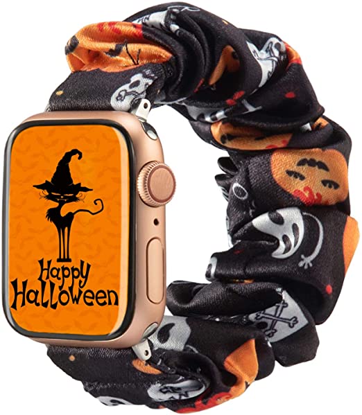 TOYOUTHS Halloween Decorations Band Compatible with Apple Watch Band Scrunchies 42mm Cloth Soft Pattern Printed Fabric Bracelet Women IWatch Cute Elastic Scrunchy Bands 44mm Series SE 6 5 4 3 2 1