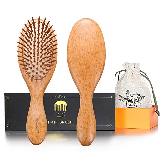 BFWood Wooden Handle Bamboo Bristles Hair Brush for Massaging Scalp - Big Handle