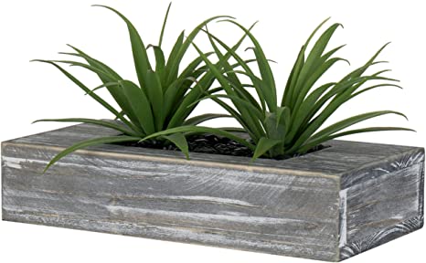 MyGift Artificial Grass Plants in Rustic Gray Wood Planter Box