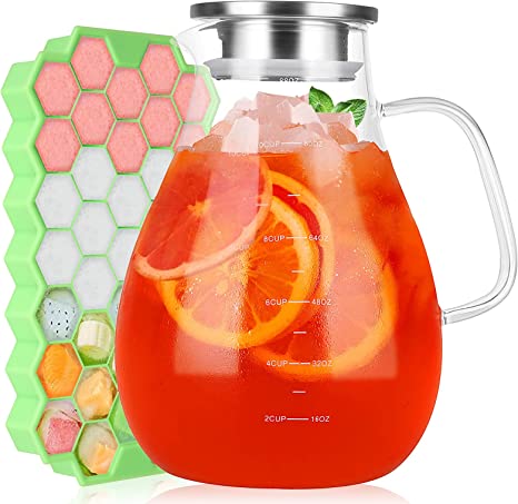 Glass Pitcher with Lid - 88OZ Water Carafe Iced Tea Jug,Free Ice Tray Included - Beverage,Drinks,Juice,Coffee,Milk Quart Jar for Fridge,Party Serving - Ergonomic Handle and Spout - Water Drops Shape
